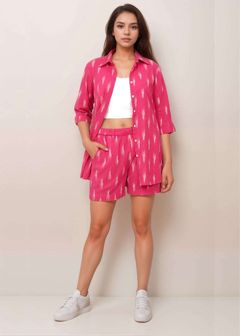 Pop Pink Handwoven Ikat cotton shirt co-ord Set