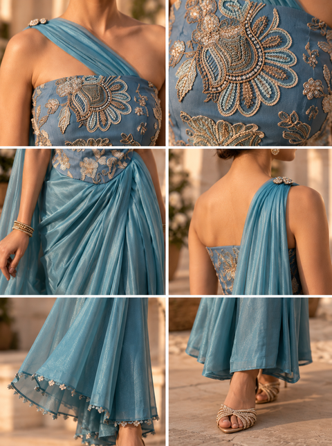 Teal Blue Floral Embroidered Draped Jumpsuit