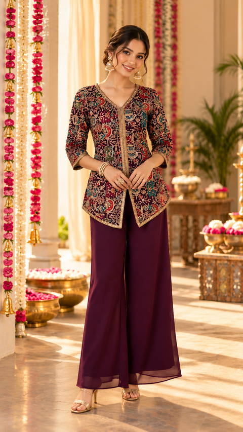 Multicolour Embroidered Tunic with Plum Palazzo Set