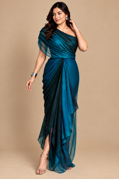 BLUE SHADED DRAPED DRESS