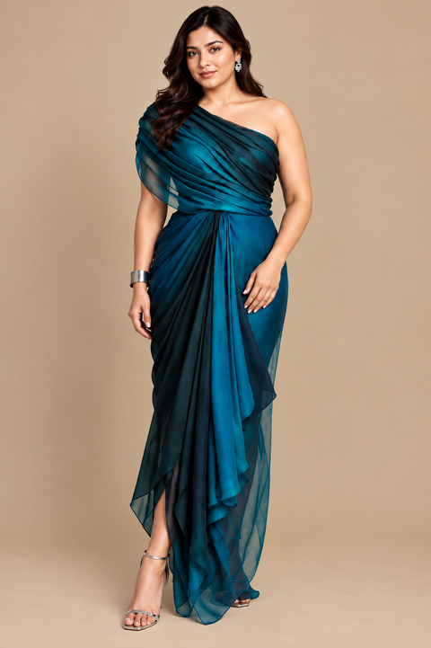 BLUE SHADED DRAPED DRESS