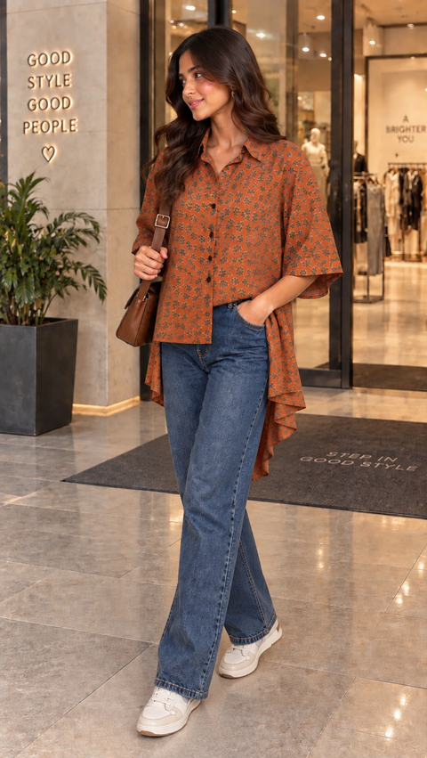 Rust Floral High-Low Shirt