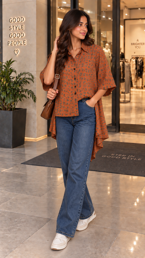 Rust Floral High-Low Shirt