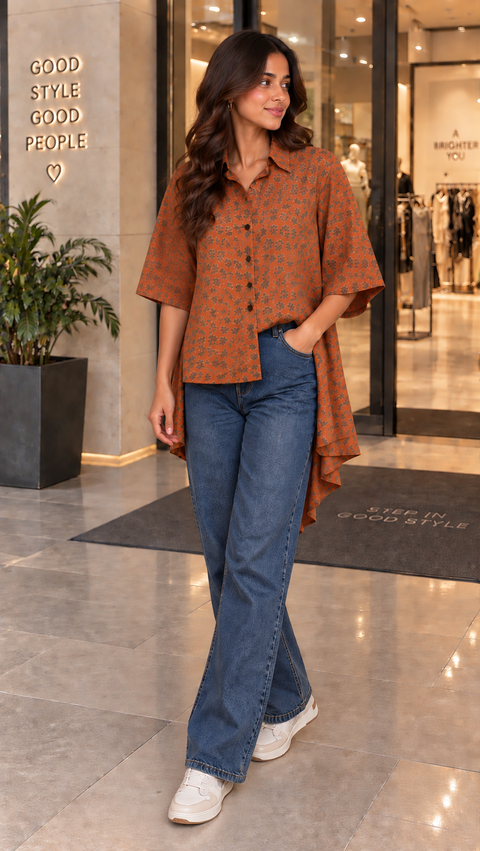 Rust Floral High-Low Shirt