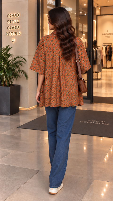 Rust Floral High-Low Shirt
