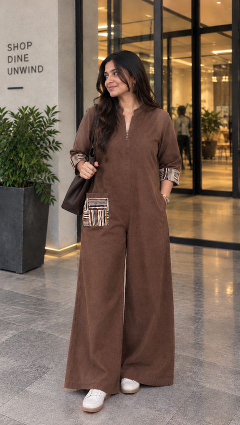 Mocha Wide-Leg Utility Jumpsuit