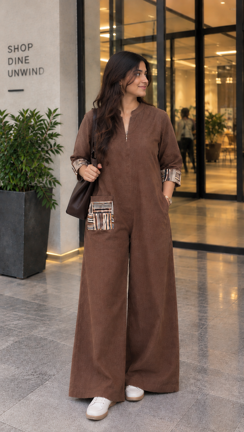 Mocha Wide-Leg Utility Jumpsuit