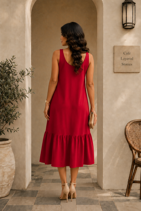 RED LINEN GATHERED DRESS
