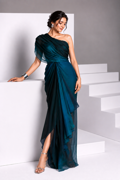 BLUE SHADED DRAPED DRESS