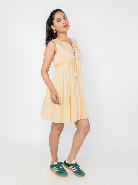BEIGE LINEN PLEATED DRESS