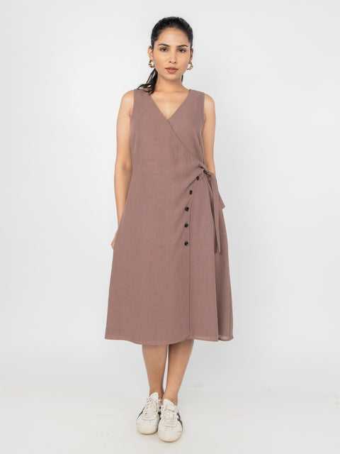 BROWN LINEN WRAP MIDI DRESS