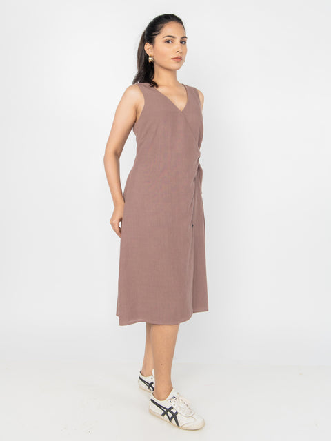 BROWN LINEN WRAP MIDI DRESS