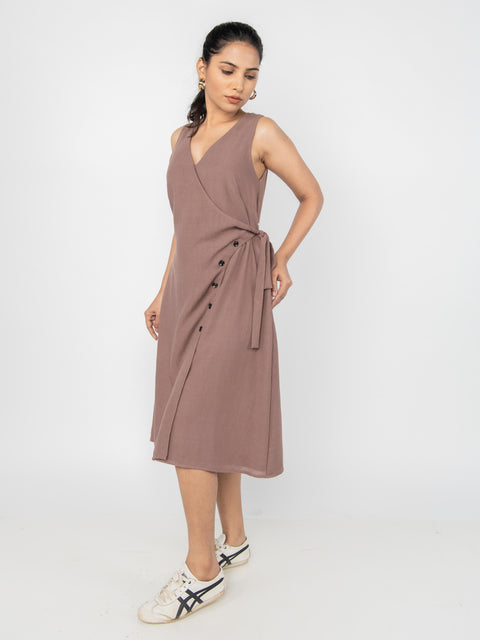 BROWN LINEN WRAP MIDI DRESS