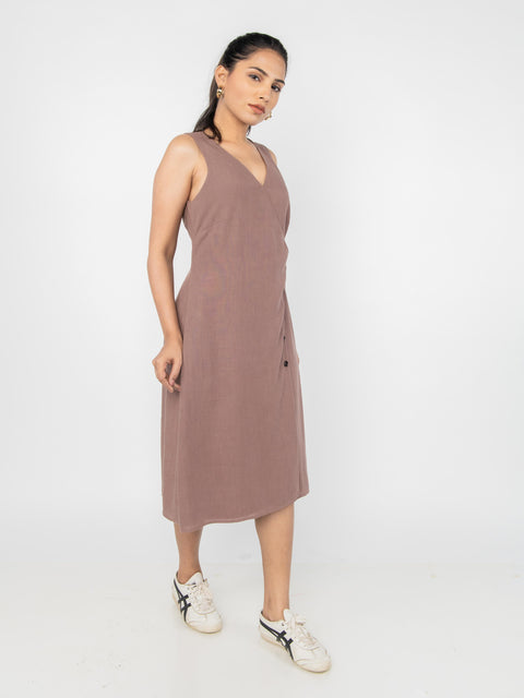 BROWN LINEN WRAP MIDI DRESS