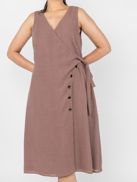 BROWN LINEN WRAP MIDI DRESS