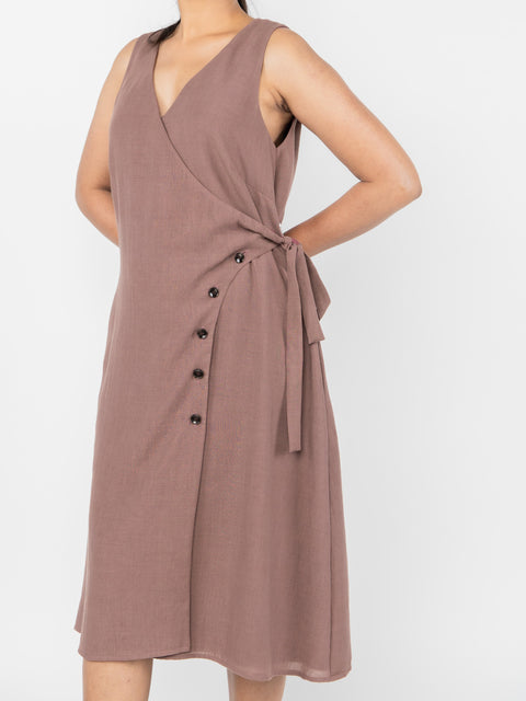BROWN LINEN WRAP MIDI DRESS