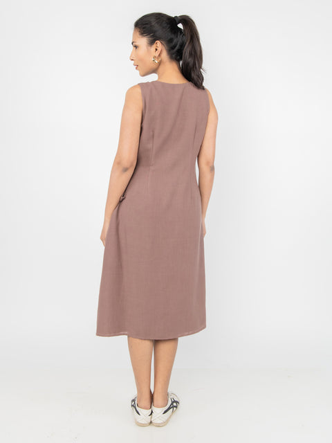 BROWN LINEN WRAP MIDI DRESS