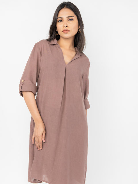 CAMEL LINEN SHIRT DRESS