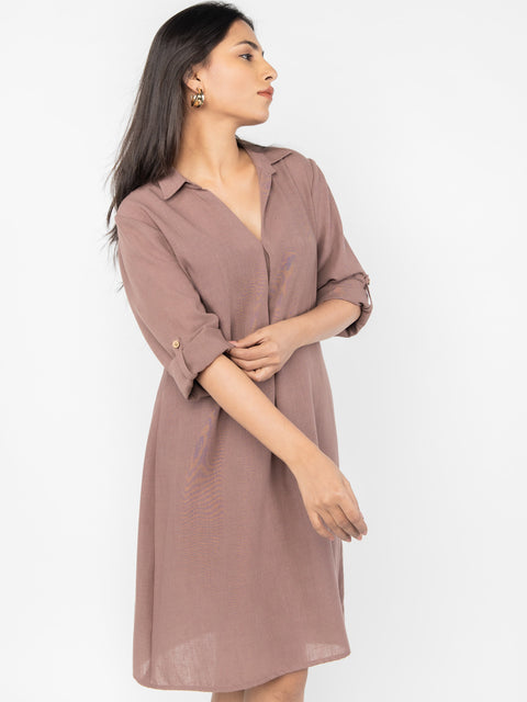 CAMEL LINEN SHIRT DRESS