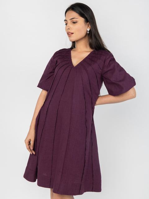 WINE LINEN A-LINE DRESS