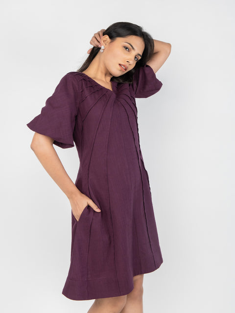 WINE LINEN A-LINE DRESS