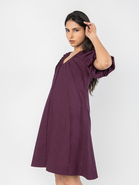 WINE LINEN A-LINE DRESS