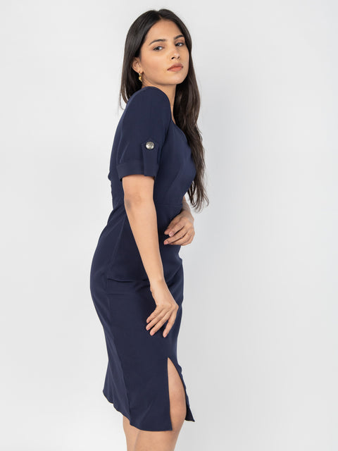 NAVY TAILORED SLIT DRESS