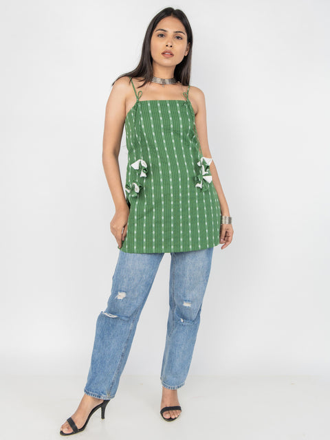GREEN KANTHA SPAGHETTI STRAP KURTI