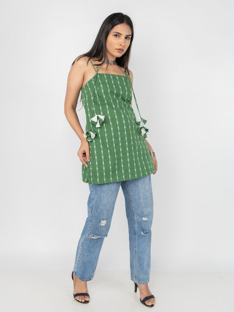 GREEN KANTHA SPAGHETTI STRAP KURTI