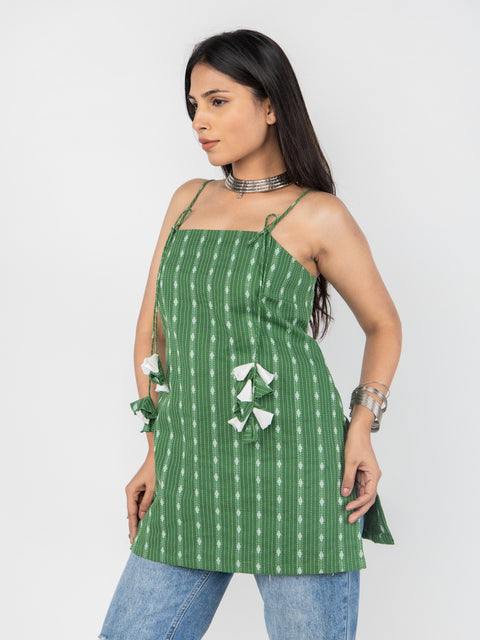 GREEN KANTHA SPAGHETTI STRAP KURTI