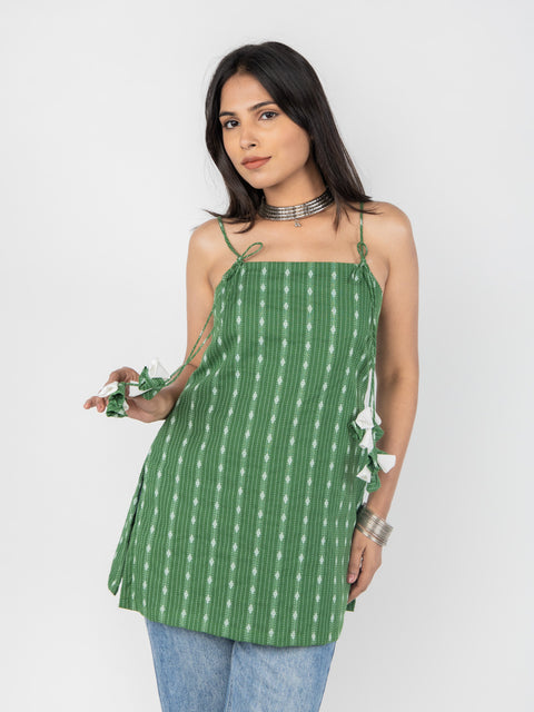 GREEN KANTHA SPAGHETTI STRAP KURTI