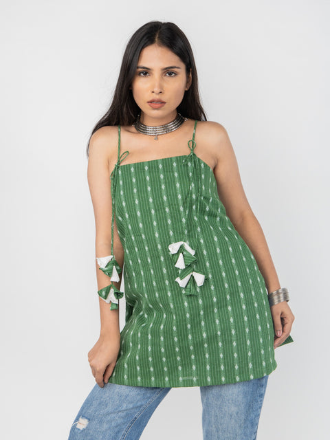 GREEN KANTHA SPAGHETTI STRAP KURTI