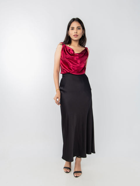 MAROON  COWL SATIN TOP