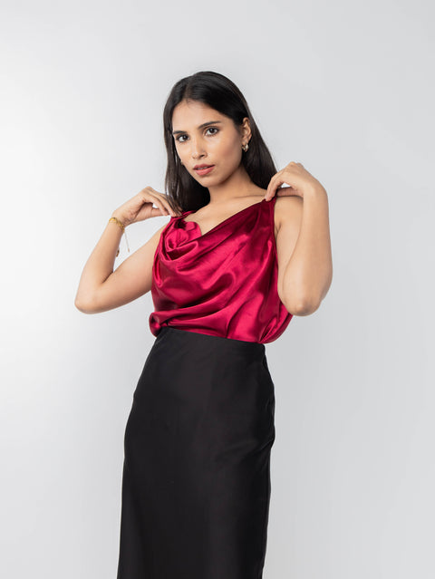 MAROON  COWL SATIN TOP