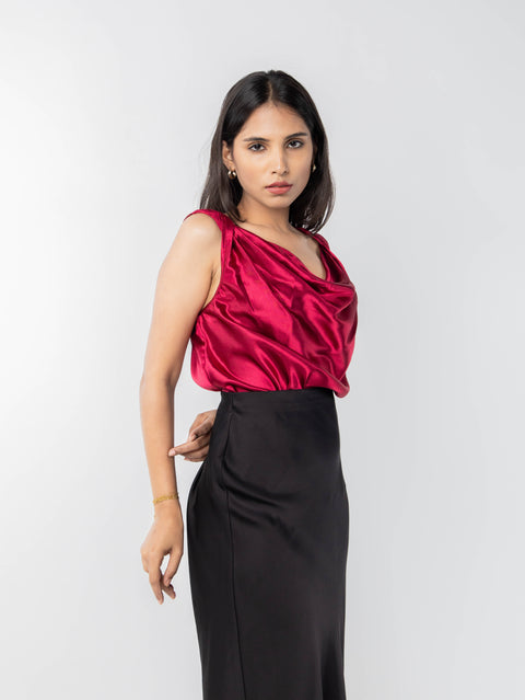 MAROON  COWL SATIN TOP