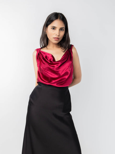 MAROON  COWL SATIN TOP