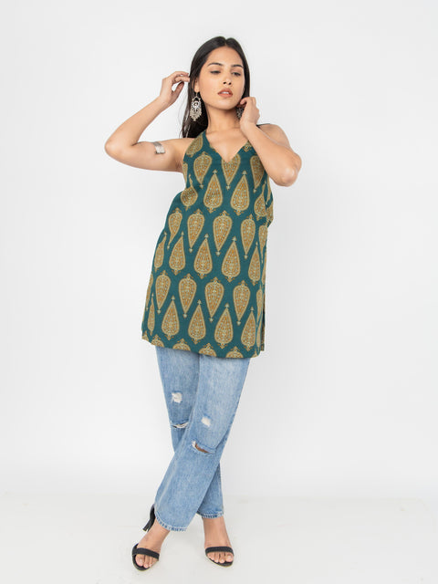 GREEN PAISLEY HALTER KURTI