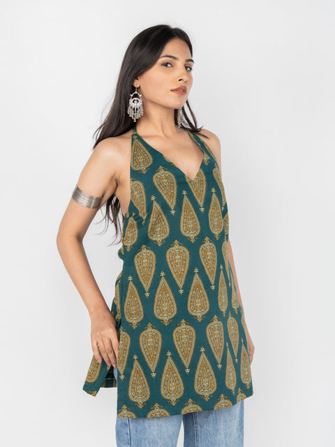 GREEN PAISLEY HALTER KURTI