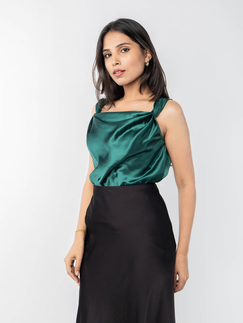 GREEN COWL SATIN TOP