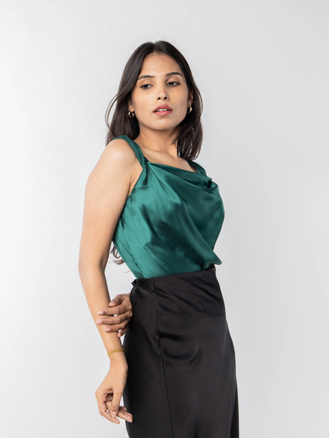 GREEN COWL SATIN TOP
