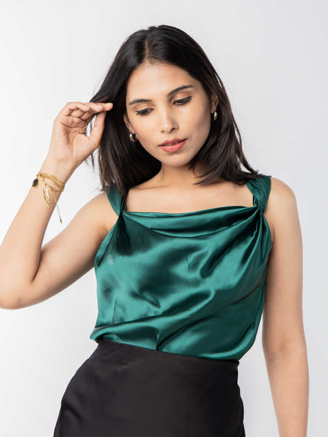 GREEN COWL SATIN TOP