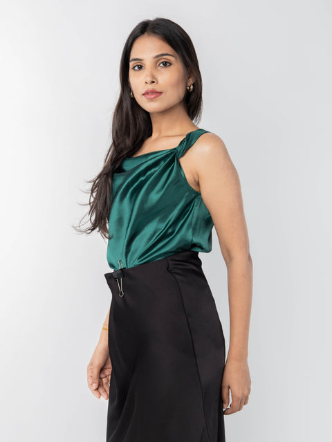 GREEN COWL SATIN TOP