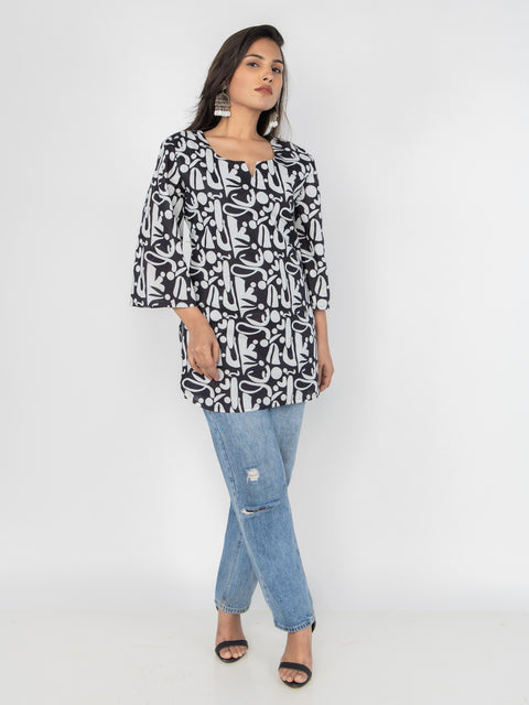 BLACK & WHITE ABSTRACT PRINT KURTI