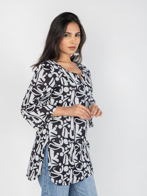 BLACK & WHITE ABSTRACT PRINT KURTI