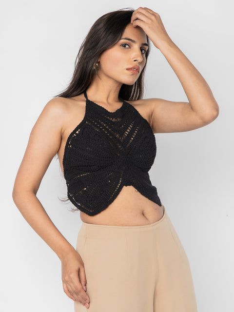 BLACK CROCHET HALTER TOP