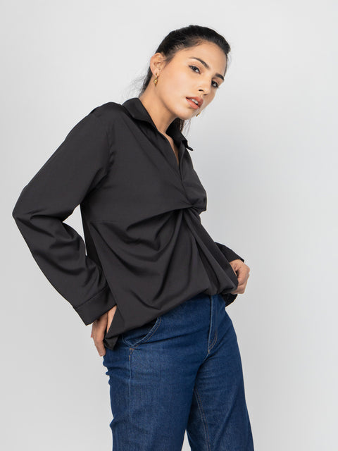 BLACK TWIST DRAPE SHIRT