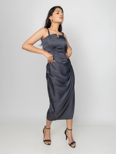 CHARCOAL SATIN GATHERED SKIRT