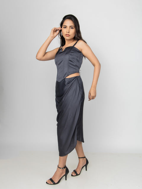 CHARCOAL SATIN GATHERED SKIRT