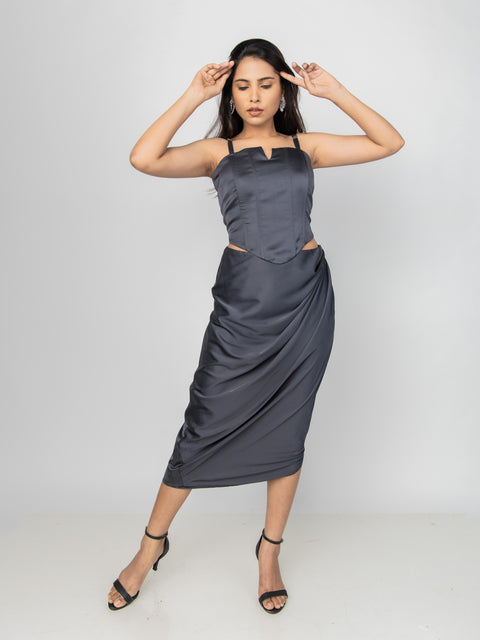CHARCOAL SATIN GATHERED SKIRT