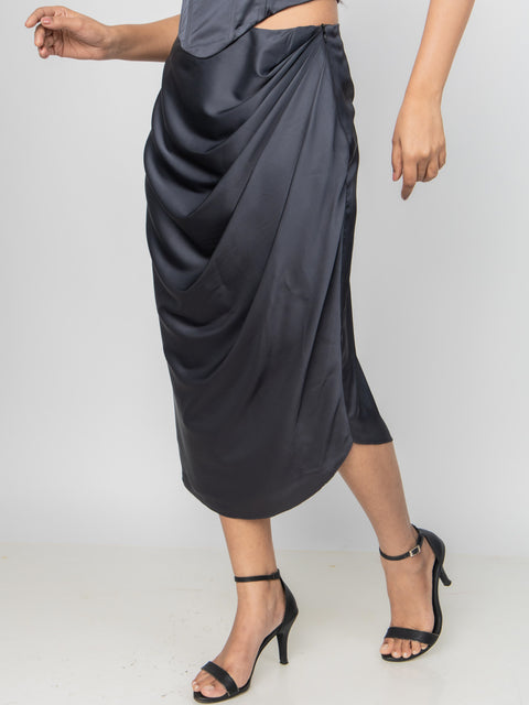 CHARCOAL SATIN GATHERED SKIRT